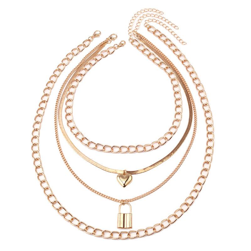 Jewelry Retro Versatile Multi-layer Peach Heart Glossy Trendy Alloy Padlock Necklace Three-piece Set