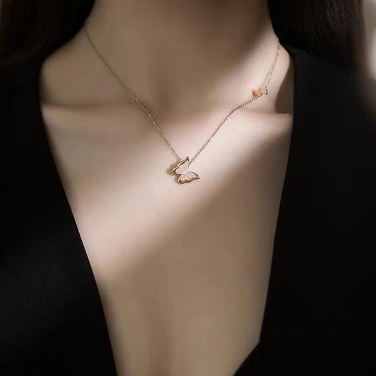 Fashion double frosted butterfly titanium steel pendant neck link simple stainless steel necklace jewelry for women