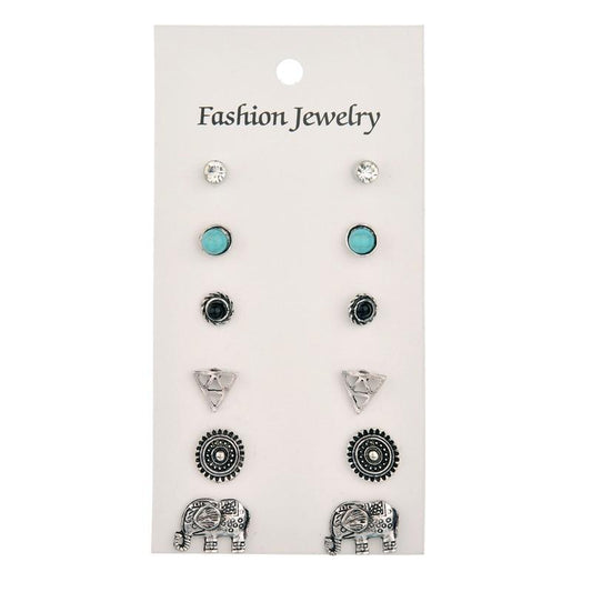 Ethnic Carved Metal Pole Earrings Bohemian Triangle Elephant Rhinestone Flower Earrings