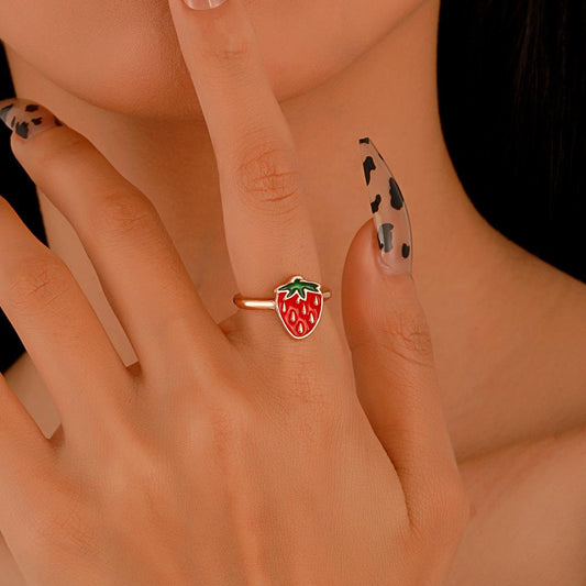 Retro Childlike Red Strawberry Ring Female Fashion Creative Geometric Metal Drip Oil Red Mushroom Index Finger Ring