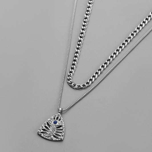 Fashion Simple Personality Men's Double Cuban Chain Triangle Crescent Pendant Trend Necklace