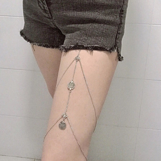 Design jewelry sexy street shot retro coin floret multi-layer tassel chain thigh chain female