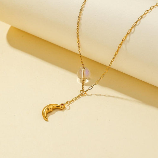 Fashion Titanium Steel Gold-plated Moon Pendant Temperament Simple Forest Moonstone Versatile Clavicle Necklace for Women