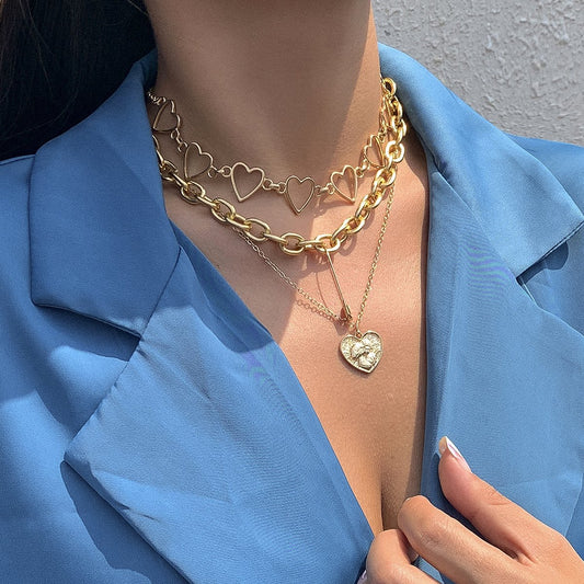 Jewelry Personality Trend Pin Chain Clavicle Necklace Hip Hop Retro Peach Heart Tag Necklace Female