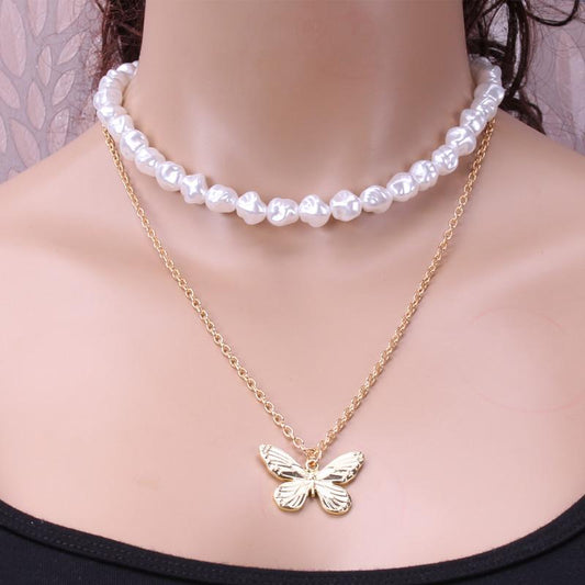 Jewelry personality female worker string Baroque pearl necklace temperament ins multi-layer butterfly necklace
