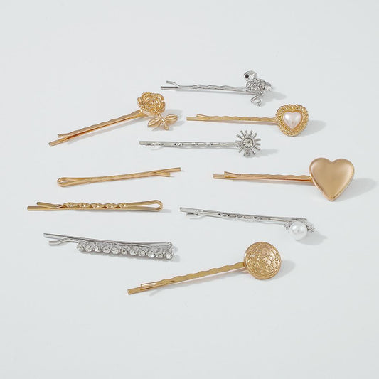 F395 Simple geometric hair clip rose love pearl bangs clip sweet side clip set