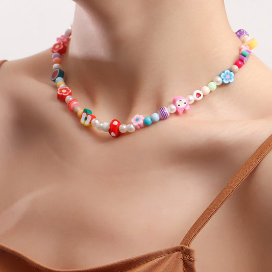 Jewelry fairy colorful soft pottery multi-element pearl necklace female Bohemian personality necklace