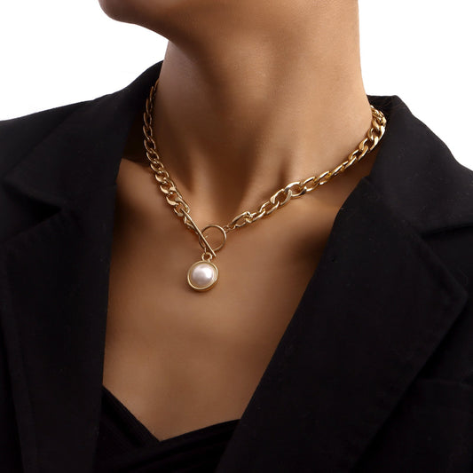 Jewelry simple Cuban thick chain OT buckle pearl pendant necklace female punk ins trend necklace