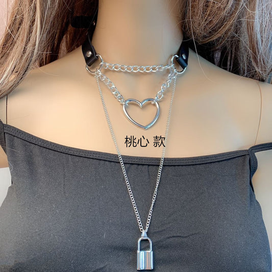 Jewelry personality exaggerated PU love necklace retro punk multi-layer chain geometric lock item