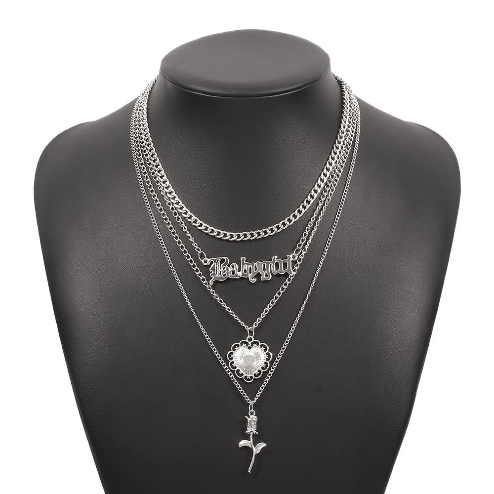 N9331 Retro Stacked Necklace Temperament Rose Alphabet Multilayer Necklace Personality Trend Alloy Necklace