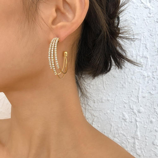 E1283 Geometric C-shaped Earrings Micro-inlaid Temperament Fashion Earrings Versatile Exaggerated Retro Ear Pins Female