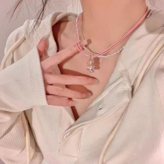 Pearl double-layered pink bear necklace spring and summer cute girl sweet cool collarbone chain accessories