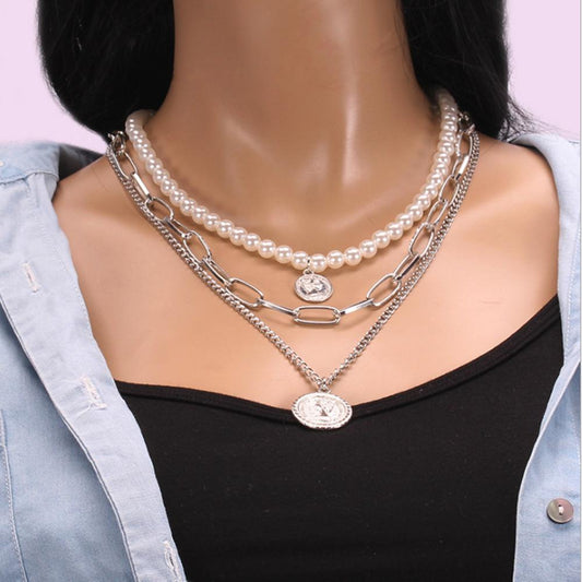 Elizabeth retro coin multi-layer necklace temperament all-match pearl embossed long sweater chain