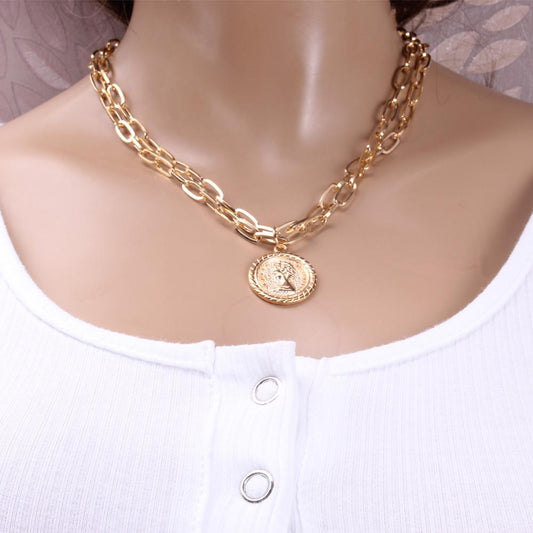 Retro Geometric Portrait Embossed Necklace Female Simple Double Layer Metal Chain Necklace Jewelry