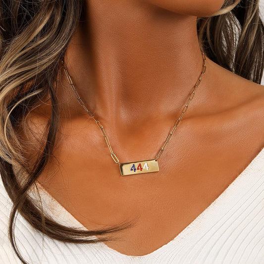 Niche fashion simple personality stainless steel angel number 444 color dripping oil square brand necklace female