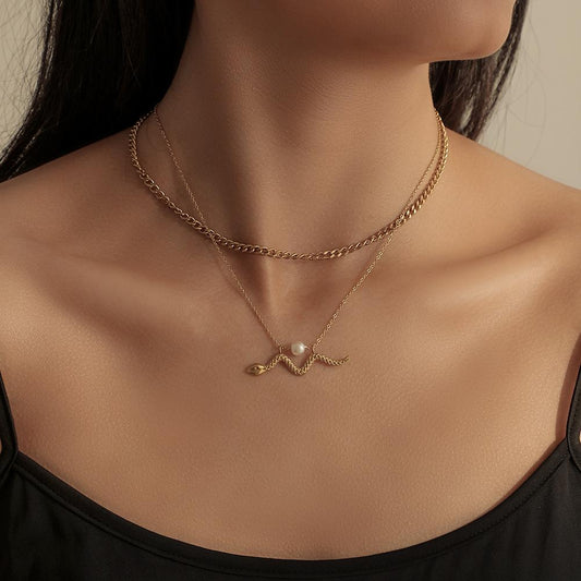 Personality Fashion Stainless Steel Gold Double Layer Small Snake Pendant Necklace Titanium Steel Pearl Necklace Clavicle Chain Women
