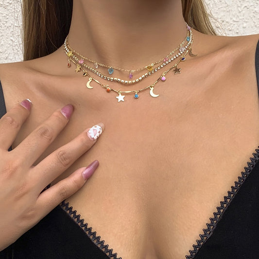 Jewelry Sweet Color Love Star Moon Pendant Necklace Simple Diamond Handmade Chain Necklace