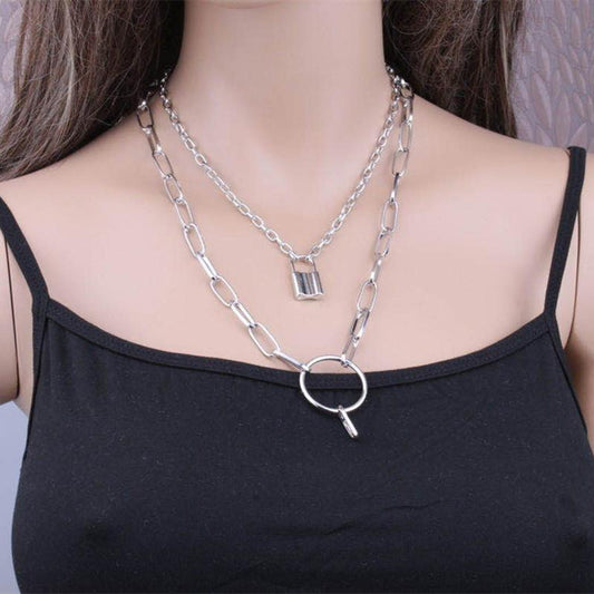 Jewelry Personality Punk Pop Double Layer Necklace Copper Ring Lock Pendant Necklace