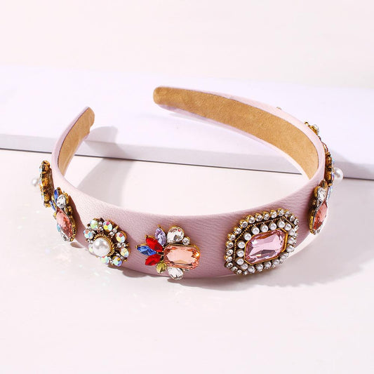 F224 Fashion spring and summer hair hoop color cloth palace pearl head hoop inlaid glass drill head decoration