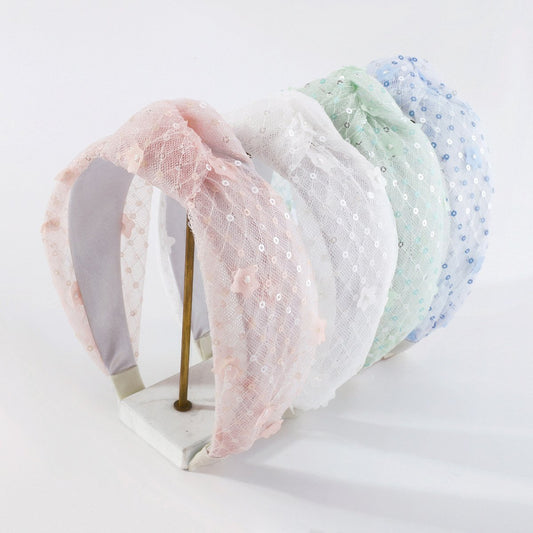 F418 Internet celebrity fashion hair hoop women's net gauze sequins knotted head hoop Mori girl age-reducing flower hair accessories