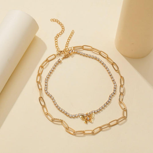 Dongdaemun creative full diamond three-dimensional hollow butterfly pendant necklace HIPHOP exaggerated thick chain fashion double layer necklace