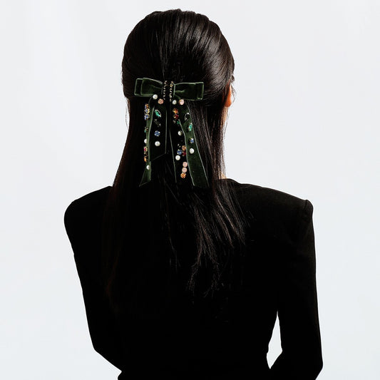 F2791 Hair Decoration Literary Double-layer Bow Hairpin Women's Gold Velvet Versatile Diamond Spring Clip