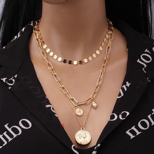 Jewelry creative retro size portrait coin pearl pendant multi-layer necklace three-layer clavicle chain