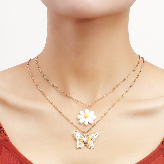Jewelry Double Clavicle Chain Exaggerated Flower Butterfly Pendant Necklace Fashion Temperament Personality Necklace