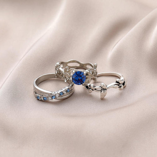 Fashionable luxury trendy blue diamond flower rattan multi-piece ring set exquisite rattan clause ladies ring jewelry