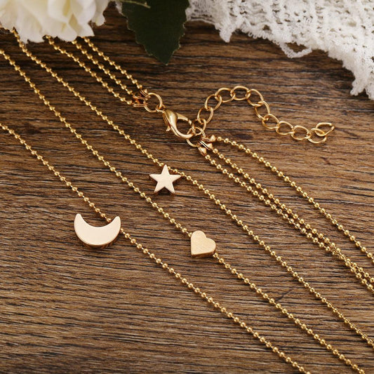 Women's Bohemian Clavicle Chain Star Moon Love Heart Pendant Multilayer Necklace Jewelry