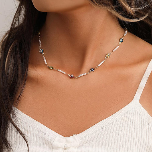 Simple Fashion Short Devil's Eye Pearl Clavicle Chain Necklace Versatile Temperament Personality Female Jewelry