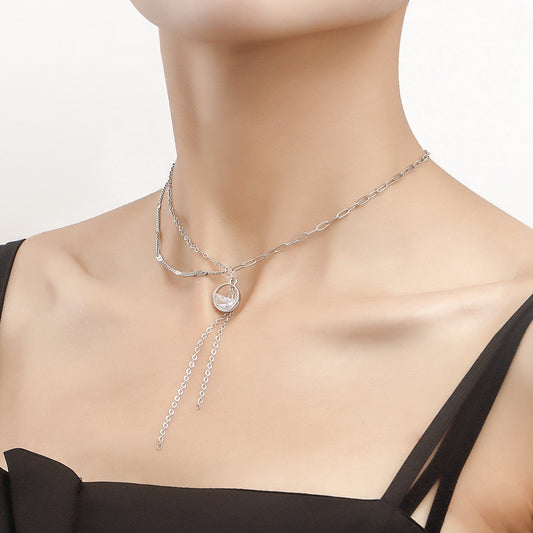 Jewelry crystal circle double stacked clavicle chain light luxury versatile high-end pendant necklace