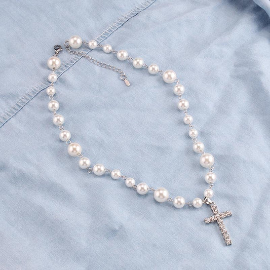 Stainless Steel Clavicle Chain Glass Pearl Set Diamond Cross Pendant Decorative Necklace
