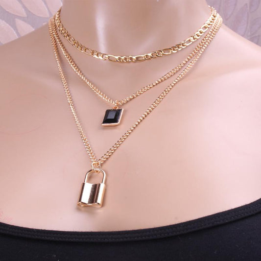 Mix and match geometric multi-layer jewelry square brand black diamond pendant snake bone chain temperament lock necklace