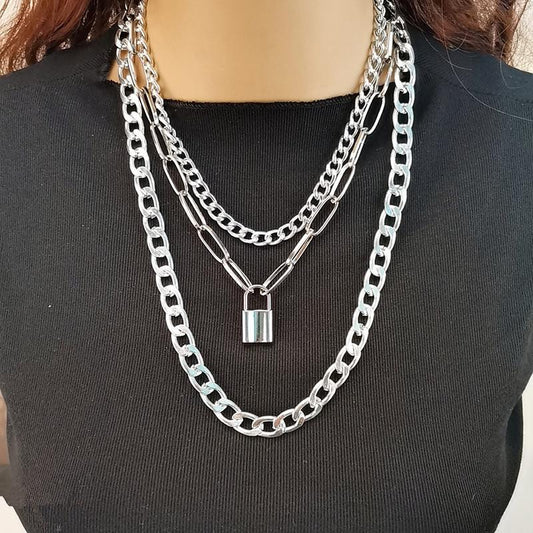 Personalized street hip-hop jumping di multi-necklace combination set chain net red all-match lock sweater chain