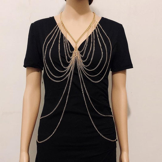 Multilayer Gold Tassel Necklace Sexy Metal Body Chain Bikini Chest Chain Jewelry BodyChain