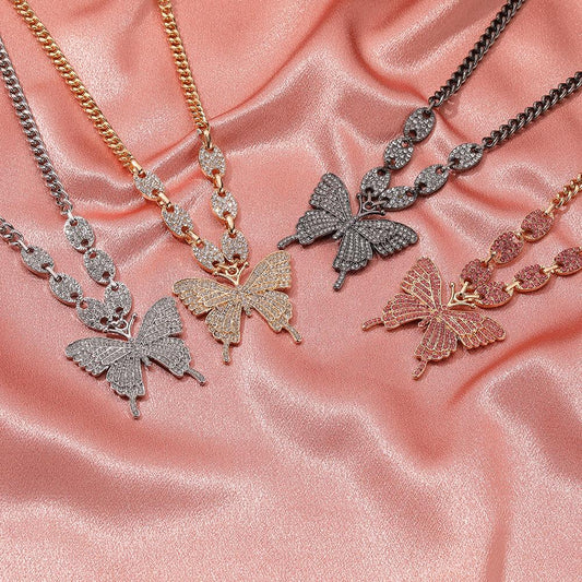 Exaggerated Butterfly Necklace Punk Micro-set Rhinestone Geometric Clavicle Chain Retro Cuban Hip Hop Sweater Chain