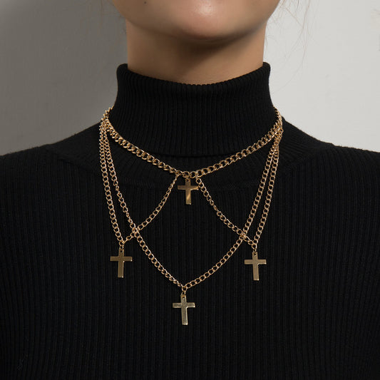 Jewelry fashion trend multi-layered cross pendant female personality short alloy necklace