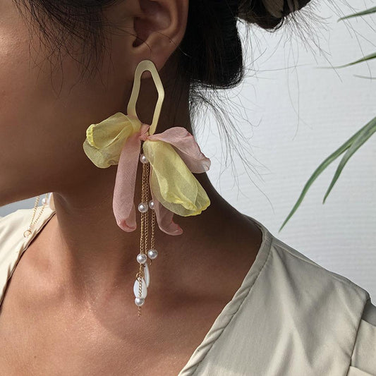 E8384 Jewelry bowknot women's earrings long fabric tassel earrings supply