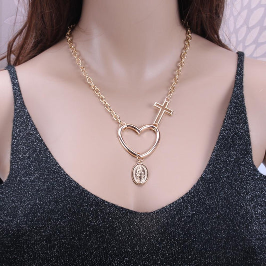 Jewelry Exaggerated Hollow Peach Heart Hollow Cross Virgin Mary Pendant Necklace Female