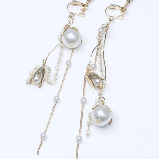 Long tassel earrings women's rose flower pearl earrings show face thin retro earrings ear clips