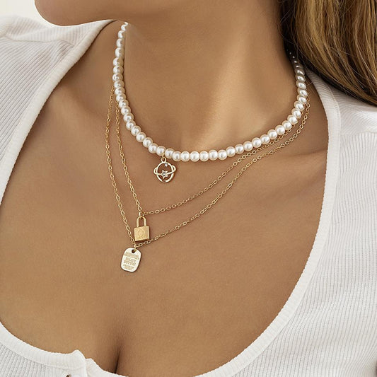 Jewelry Imitation Pearl Woven Pendant Necklace Planet Micro-inlaid Lock Letter Multilayer Necklace Female
