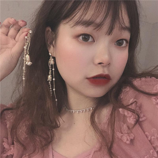 Long tassel earrings women's rose flower pearl earrings show face thin retro earrings ear clips
