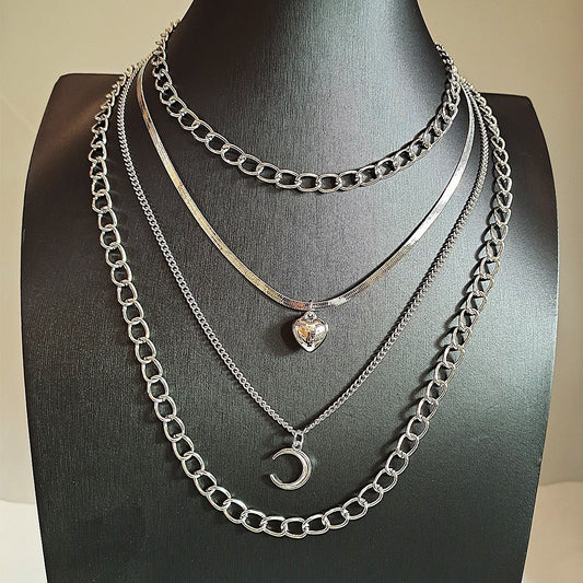 Jewelry multi-layer peach heart crescent necklace women's sweater chain detachable three-piece set chain