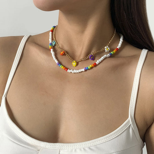 Jewelry sweet cool small daisy flower pendant simple color rice beads beaded necklace female