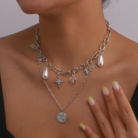 N161 Accessories Pearl Crystal Double Layer Simple Necklace Octagram Disc Temperament Necklace Female