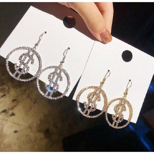 Dollar Rhinestone Stud Earrings Fashion Exaggerated Personality Shiny Metal Dollar Coin Symbol Alphabet Long Earrings