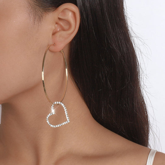 1643 personality large circle earrings love heart full of diamond temperament exaggerated earrings net red simple sweet earrings