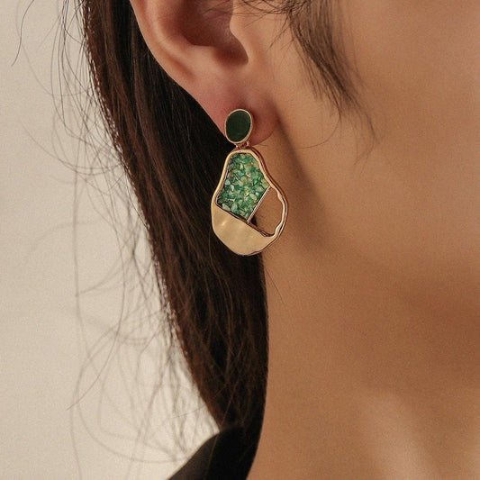 Earrings Temperament Green Gravel Geometric Hollow Drop Oil Pendant Fashion Versatile Jewelry