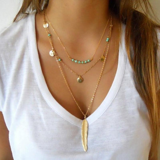 Jewelry Fashion Feather Turquoise Bead Sequin Multilayer Necklace Women's Street Shoot